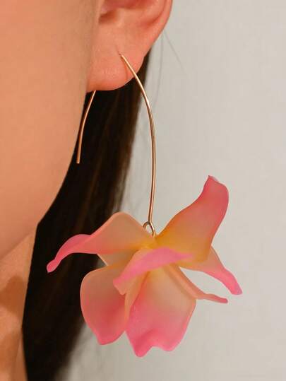 手工编织渐变粉橙花朵耳坠，金色薄纱花瓣穿线耳环，浪漫花卉吊坠首饰
