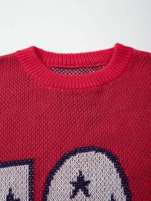 ANDREILEE Men's Unisex Retro American Style Sports USA Star Print Casual Streetwear Loose Ribbed Crew Neck Comfortable Knit Sweater, Red - Red - View 5