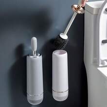 Juego de accesorios de baño, cepillo de inodoro de material de silicona de lujo transpirable, estante para zapatillas, toallero, jabonera, organizador triangular, estante de almacenamiento rectangular, solución todo en uno, instalación sin taladrar - A25 - Blanco - Ver 2