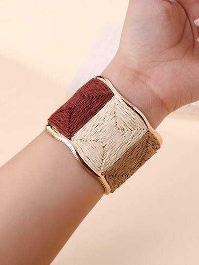 1 pieza Brazalete ancho ajustable de estilo bohemio retro y de moda, hecho a mano con patrón rectangular y contraste de colores tejido, diseño exclusivo, adecuado para vacaciones, fiestas, mercados y atuendos diarios