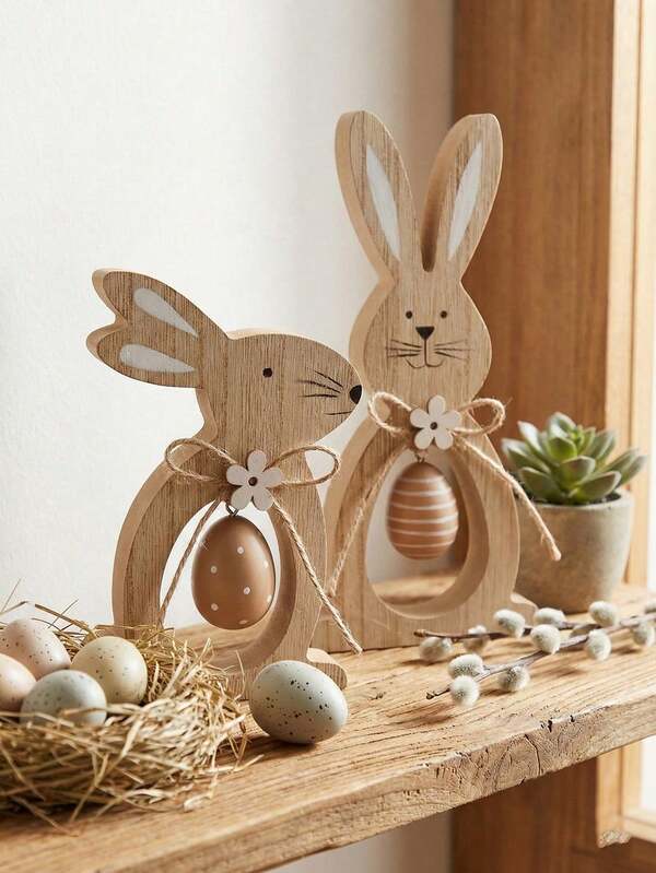 2Pcs 3D Wooden Rabbit Decor, Rustic Wooden Easter Bunny Desktop Ornament With Hanging Eggs, Bowknot, Multilayer Tray Decoration, Handmade Rabbit Figurine For Easter Party, Office Desk, Dining Table Centerpiece