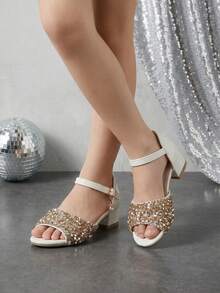 1 Pair Girls' High Heel Sandals, Sparkling Rhinestones, Open Toe Children's Sandals With Pendant Buckle, Girls' Chunky Heel Sandals, Suitable For Weddings, Parties, Birthdays, Holidays - Gold - View 4