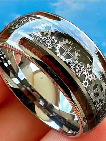 10mm Stainless Steel Punk Gear Ring With Koa Wood Carving - Painted, Hip-Hop Punk Rock Bicycle Design, Comfortable Wear, Daily Wear, Wedding Accessories |   Steampunk Style |   Wooden Carved Ring