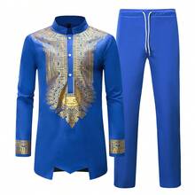 2026 Best Mens African 2 Piece Set Metallic Traditional Suit Gold Stamp Printed African Dashiki Shirt And Pants Outfit - Blue - View 1