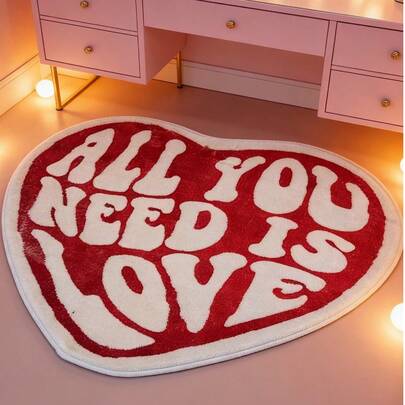 1件字母地毯，“All You Need Is Love”地毯，心形地毯，蓝/红心色地毯，仿羊毛地毯，柔软蓬松质地，多功能时尚创意家居地毯，适用于客厅、卧室、玄关、厨房、浴室、游戏室、书房，可机洗且经久耐用