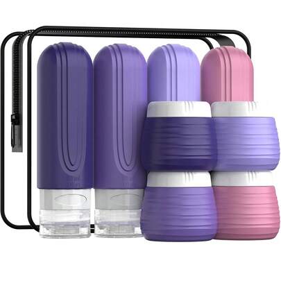 ‌8 Pcs Gray TSA Approved Travel Bottles Set Silicone Leak Proof Refillable Bottles Jars With Clear Bag For Women Men Vacation Gym Use‌