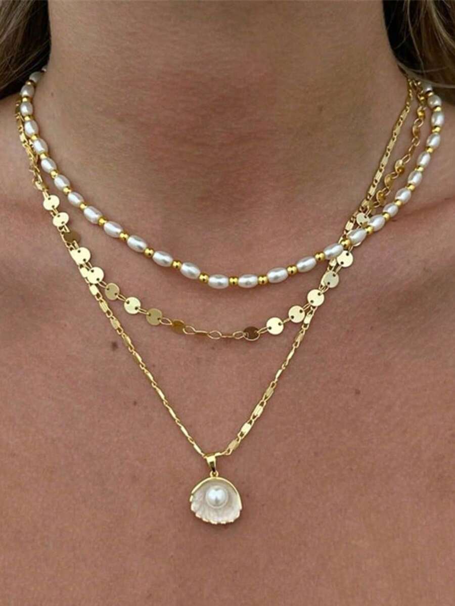 1 pieza Collar de estilo océano de verano con concha y perla falsa, adecuado para el uso en la playa y viajes de mujeres - Multicolor - Ver 1