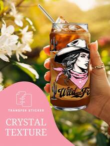 4pcs/Set Western Cowgirl & Rodeo UV DTF Transfer Stickers For 16oz Libbey Glass Cups (9.4x4.3in), Howdy Boots Skull Pink Bows Turquoise Waterproof Wraps, Wild West Aesthetic Decals No Heat Needed - Western Cowgirl 01 - View 2