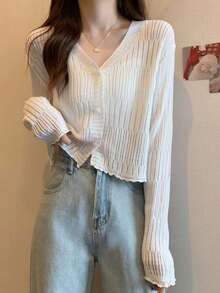 1pc Black, White, Beige, Green Lightweight V-Neck Knit Cardigan With Frill Trim, Long Sleeve Shawl - Multicolor - View 3