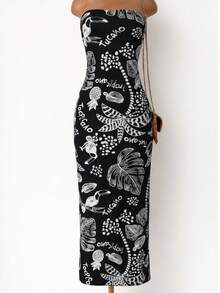Women's Strapless Dress With Tropical Toucan Print – Elegant Summer Dress - Nền đen - Xem 1
