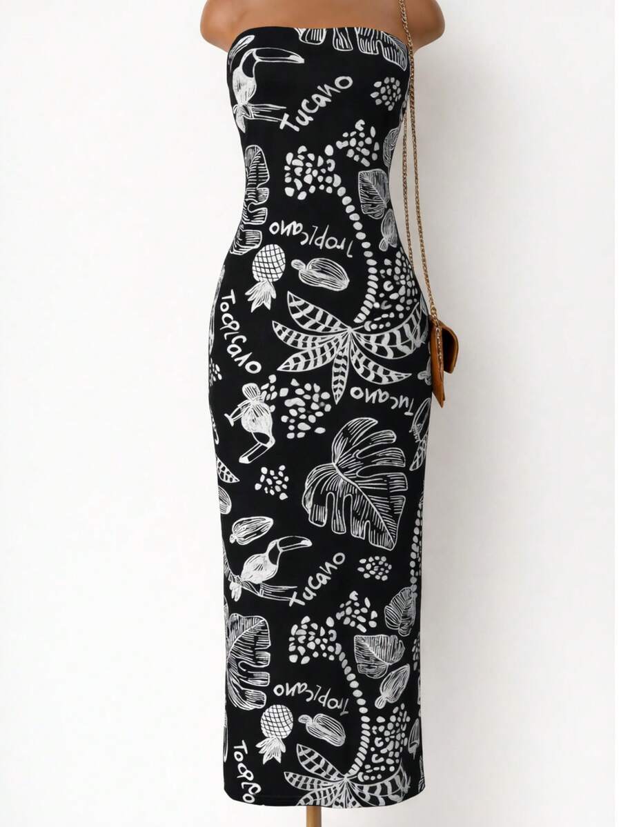 Women's Strapless Dress With Tropical Toucan Print – Elegant Summer Dress - Nền đen - Xem 1