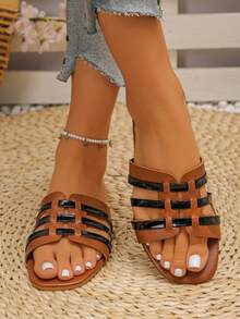 2026 New Metallic Color Roman Slide Sandals, Look Great With Dresses & Jeans, Slip-On Casual Beach Slippers - Black - View 4