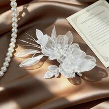 1件装女童珍珠薄纱3D花朵流苏发夹，婚礼伴娘盘发发饰 - 彩色 - 查看 6