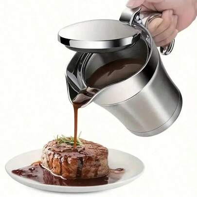 1 Pc 304 Stainless Steel Sauce Pot, Jam Pot, Double-Layer Steak Sauce Pot, Western Style Sauce Pot, Western Style Steak Double-Layer Insulated Design Jam Pot, Double-Layer Insulated Meat Juice Boat - Stainless Steel Sauce Pot With Hinged Lid