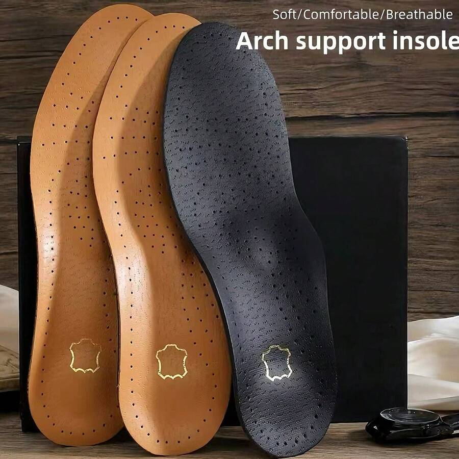 1 đôi lót giày bằng da thoáng khí có hỗ trợ vòm chân, đệm gót TPU chống trơn trượt cho giày tây. - màu nâu - Xem 1