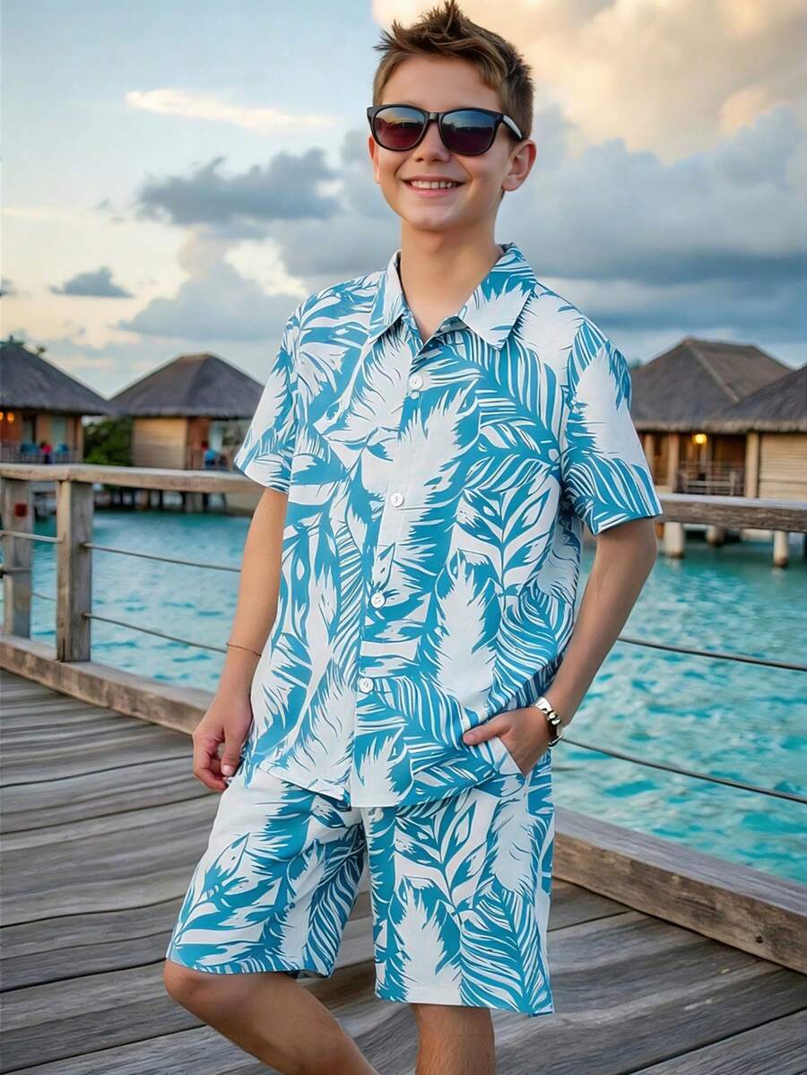 Boys' Leaf Print Short Sleeve Shirt And Shorts Set, Casual Lightweight Vacation Street Style, Spring/Summer - Blue and White - View 1