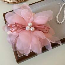 1pc Pearl Decor Super Fairy Pink Mesh Flower Big Hair Clip, Sweet Romantic Elegant Multifunctional Hair Accessory Suitable For Travel, Vacation, Party, Etc. Summer Beach Claw Clips Vacay Hair Claws Vacay Hair Clips - Pink - View 8