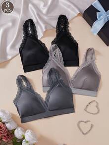 3pcs Sexy Deep V-Neck Lace Triangle Cup Wireless High Quality Bras For Women - Multicolor - View 2