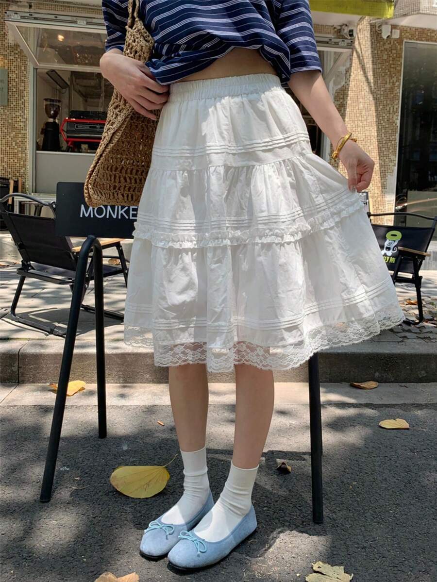 Chân váy chữ A dáng suông đơn giản, dễ thương, viền ren, màu trắng. - trắng - Xem 1