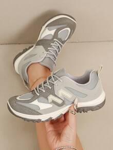 女士米色和绿色厚底运动鞋 - 绒面革和网布拼接，系带休闲鞋，防滑厚底日常步行鞋 - 灰色 - 查看 3