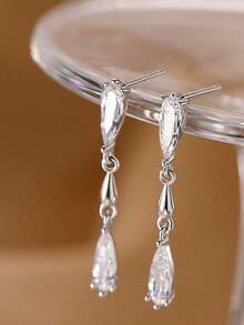 1 Pair Elegant Luxury Fashion Versatile Silver Water Drop Earrings, Suitable For Women's Daily And Holiday Wear - Silver - View 3