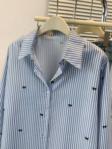Plus Size Women's Bow Striped Print Long Sleeve Front Button Collar Casual Blouse, Suitable For Spring, Autumn And Winter Office Wear - Blue - View 4