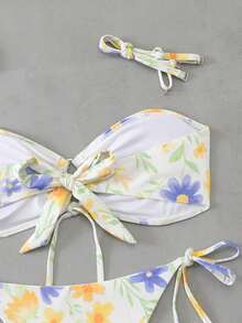 女士春夏新款印花褶皱扭结吊带性感休闲优雅沙滩度假派对比基尼套装 - 彩色 - 查看 6