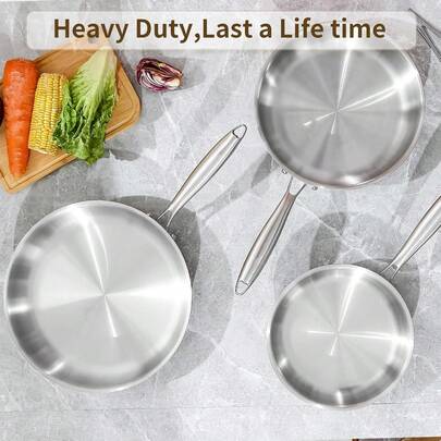 3-Layer Stainless Steel Frying Pan, Suitable For Induction Cooktop, Large Size Pan, Oven & Dishwasher , Fast & Even Heating, PFOA &