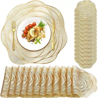 12pcs Gold Flower Placemats 15inch Round, PVC Material 3.94inch Round Hollow Rose Coasters, Washable, Easy To Clean, Wipe-Able, Non-Slip, Heat-Resistant, Suitable For Room Decor, Dining Table Decor, Home Decor, Ideal For Holidays, Parties, Birthdays, Weddings And Dinners