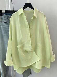 Plus Size Women's Solid Color Long Sleeve Casual Loose Blouse, Spring/Summer - Light Green - View 3