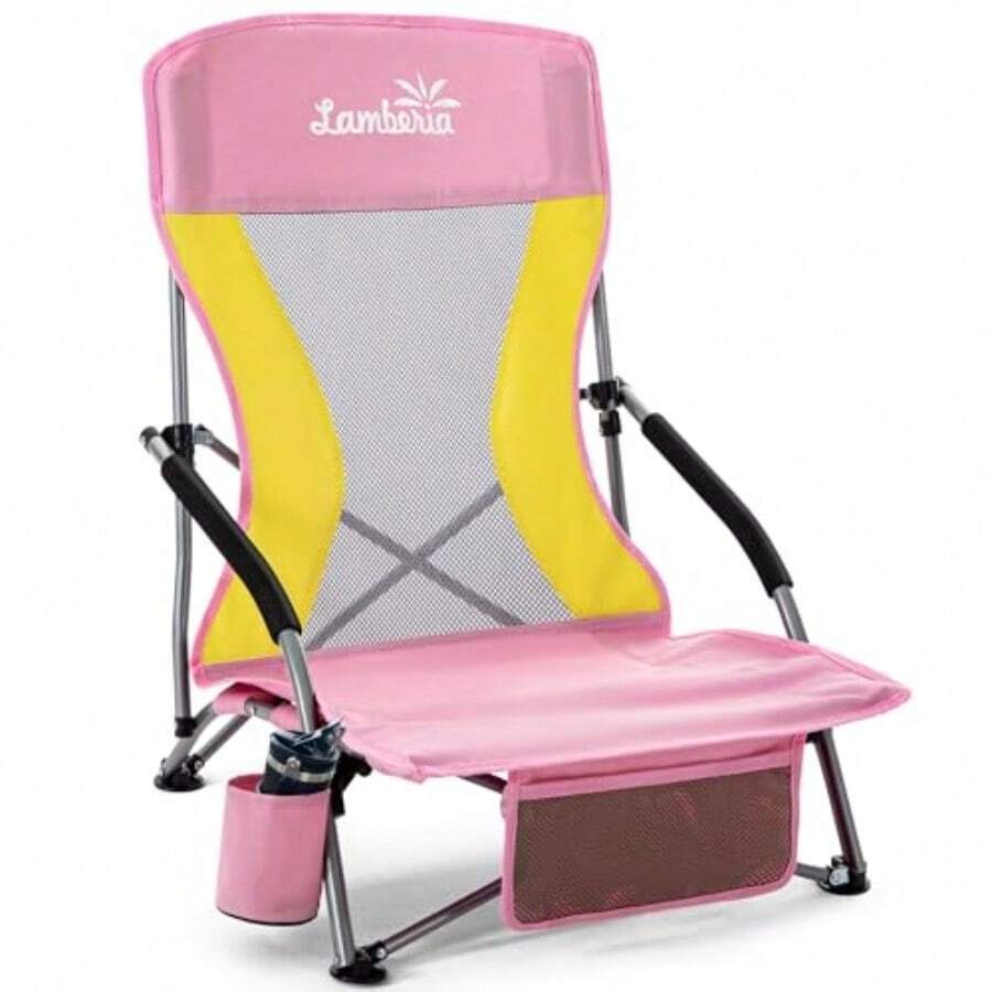 Lamberia - Silla de playa plegable para adultos sillas de playa bajas portátiles con capacidad de 300 libras silla de camping ligera para viajes picnic concierto y actividades al aire última - amarillo rosado PinkYellow - Ver 1