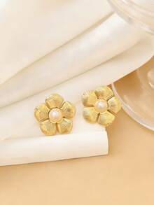 Pendientes de botón elegantes para mujer con rayas, flores, perlas y acero inoxidable dorado - Perfectos para vacaciones, viajes y fiestas, también un regalo ideal para ocasiones especiales o cumpleaños - Dorado - Ver 4