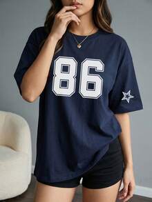Women's Casual 86 Star Pattern Loose T-Shirt, Summer Sports Style Graphic Tee - Navy Blue - View 3