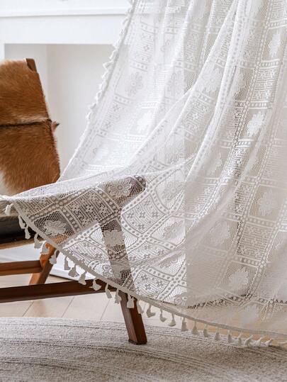 1 adet Bej Jakarlı Çiçek Desenli Püsküllü Pencere Perdesi - Japon Keten Tarzı, Perde Çubuğu Geçmeli Tasarım, Oturma Odası ve Yatak Odası İçin Uygun - Şeffaf ve Işık Geçirgen Perde, Oturma Odası Perdesi, Yatak Odası Perdesi (130g Kumaş Ağırlığı)