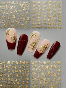 6片复古金色箔纸美甲贴纸 - 3D立体牡丹花玉叶图案，自粘式花瓣叶片滑贴，Y2K风格美甲装饰，送给女性朋友的DIY礼物 - 金色 - 查看 3