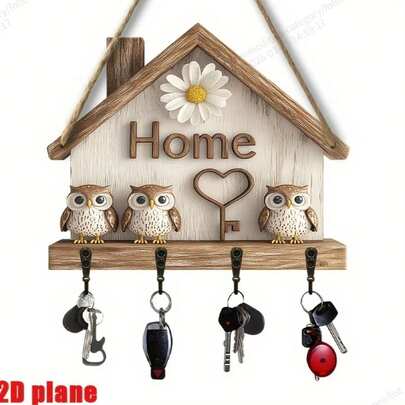 精美2D木质钥匙架，饰有彩色猫头鹰和爱心图案 - “家居”主题墙饰，配有4个金属挂钩，乡村风格，适合玄关、门廊或房间装饰，季节性家居装饰，家居点缀