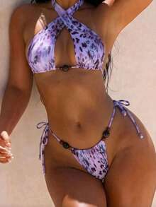 Bộ bikini hai mảnh họa tiết da báo đính hạt, kiểu buộc dây cổ, thích hợp cho bãi biển và các kỳ nghỉ hè quanh năm. - Màu tím - Xem 3