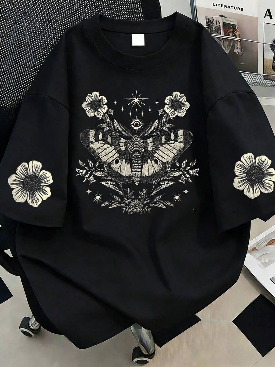 Plus Size Women Casual Butterfly & Floral Print Round Neck Short Sleeve T-Shirt, Fashion Summer Tee. Suitable For Summer Vacation, Beach, Travel, Spring Wear, Valentine's Day, Carnival, Mother's Day Gift Black - Black - View 1