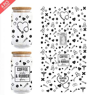 4pcs/Set 16oz Glass Cup Wrap UV DTF Transfer Sticker (9.4x4.3in) No Heat Needed, Nurse Medical Stethoscope Syringe Pill Graphic, Coffee Scrubs Leopard Cheetah Print Floral Rose Decal, RN Doctor Hospital Worker Rub On Sticker For Libbey Tumbler DIY Appreciation Gift