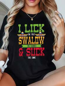 1 Pcs Women's I Lick The Salt Swallow The Tequila Cinco De Mayo Graphic Plus Size T-Shirt Funny Oversized Graphic Short Sleeve Tee Novelty  Polyester Shirt Casual Crew Neck Top - 黑色 - 查看 1