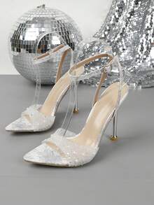 High Heel Fashionable Pointed Toe Metal Sandals, Casual For Daily Wear In Summer - White - View 12