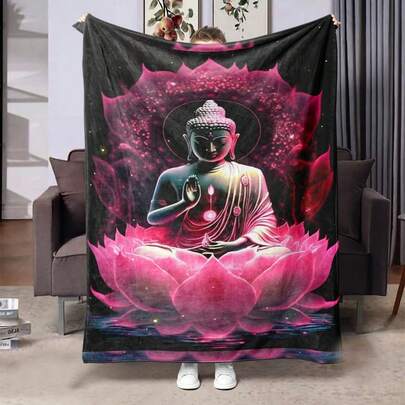 1 Regalo - Coperta in flanella comoda con Buddha e Loto | Disegno vibrante in rosa, blu e viola | Morbido poliestere, 200-250 GSM | Ideale per divano, letto, pisolino | Accogliente in tutte le stagioni, coperta da letto | Decorazione a tema Buddha | Coperta stampata digitalmente