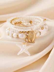 8pcs Crystal Starfish & Shell Bracelet Set, Suitable For Women's Beach Travel Wear - Multicolor - View 3