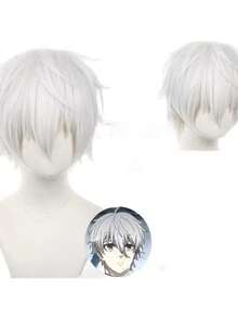Tóc giả ngắn thẳng màu trắng 8 inch, tóc giả cosplay Nanahoshi Seishiro, tóc giả sợi tổng hợp, đa năng cho tiệc hóa trang, biểu diễn sân khấu, và sử dụng hàng ngày. - trắng - Xem 1