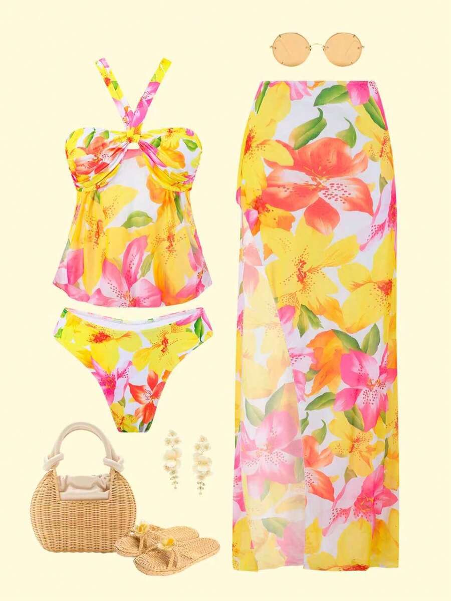 2026 New Arrival Sexy Long Floral Print 3 PiecesSwimsuit Set, European & American Style Vacation - Multicolor - View 1