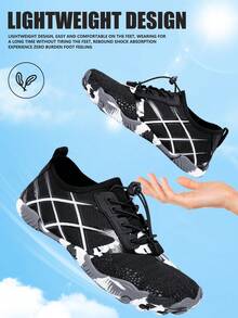 1 Pair Geometric Pattern Woven Lace-Up Men's Water Shoes, Outdoor Summer Fitness Barefoot Shoes - Black - View 2