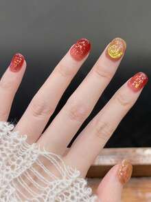 10pcs/Set Press On Nail Cap, Orange Candy, Winter And Spring Amber Glittering Aurora Glass Paper, New Year Red Nail Art, Handmade Nail Wear. - Multicolor - View 2