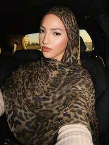 1pc Women's Bohemian Style Brown Leopard Print Hijab, Soft And Windproof Scarf/Shawl Spring/Summer Street Style, Versatile Accessory - 深灰色 - 查看 4