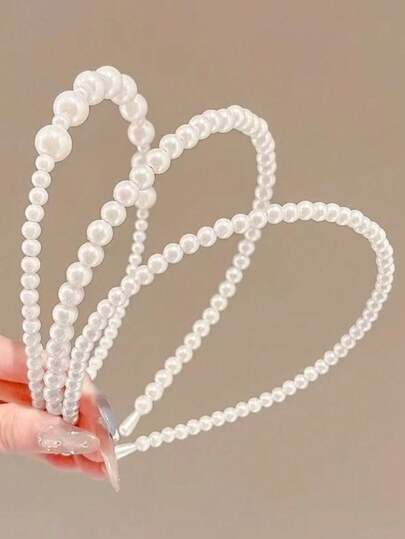 3件套纯色波西米亚风ABS塑料珍珠发箍，手工珍珠包裹刘海发饰，百搭优雅发饰，适合所有季节