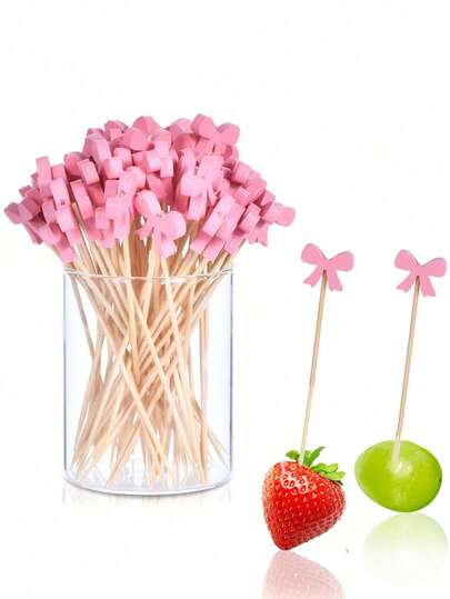 100pcs Pink Bow Toothpicks, Elegant Pink Bow Cocktail Picks - Handmade Natural Bamboo Toothpicks, Suitable For Birthday Party Supplies, Various Theme Parties, Can Be Used For Drinks, Appetizers, Baking, Wedding Desserts, Parties, Cakes, Cupcakes Decoration, Graduation, Mother's Day Cake Decoration And Party Decoration, Hawaiian Drink Picks